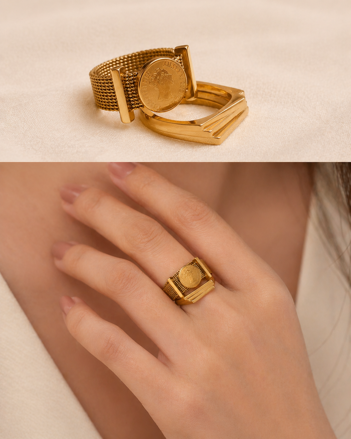 Mesh Coin Ring , Geometric Band Ring...